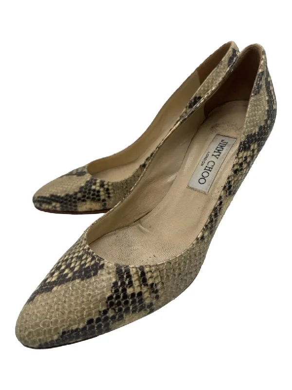 Jimmy Choo Shoe Size 38.5 Beige & Gray Python round toe Almond Toe Midi Pumps