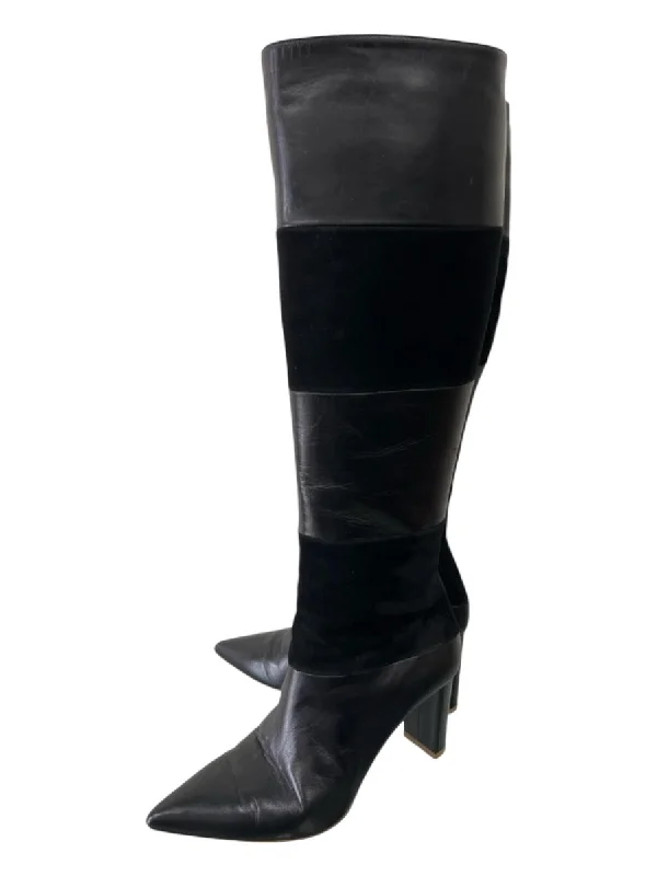 Malone Souliers Shoe Size 38.5 Black Suede & Leather Striped Knee High Boots