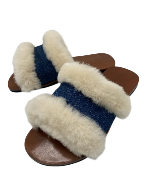 Californians Shoe Size 7 Brown, Blue, White Leather & Shearling open toe Sandals