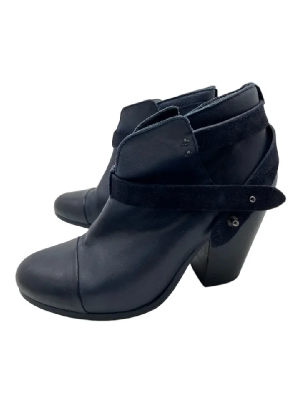 Rag & Bone Shoe Size 37.5 Navy Blue Leather Gunmetal Hardware Block Heel Boots