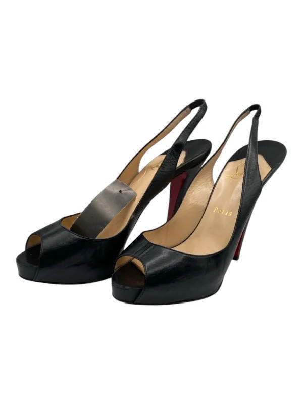 Christian Louboutin Shoe Size 39.5 Black Leather Peep Toe Slingback Pumps