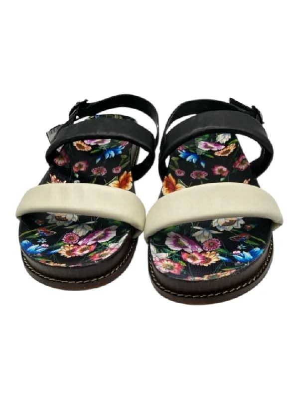 Johnny Was Shoe Size 9 Black, White & Multi Leather Pillowed Ankle Strap Sandals