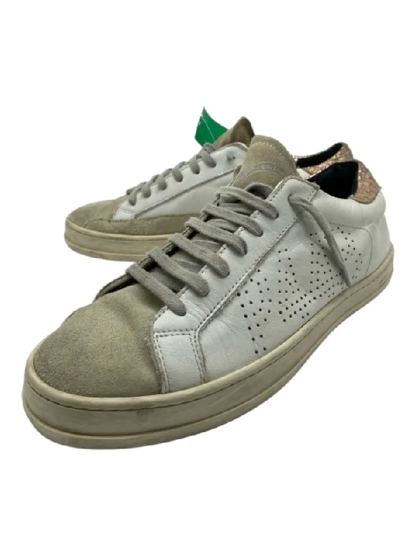 P448 Shoe Size 38 White, Taupe & Rose Gold Leather Suede Detail Low Top Sneakers