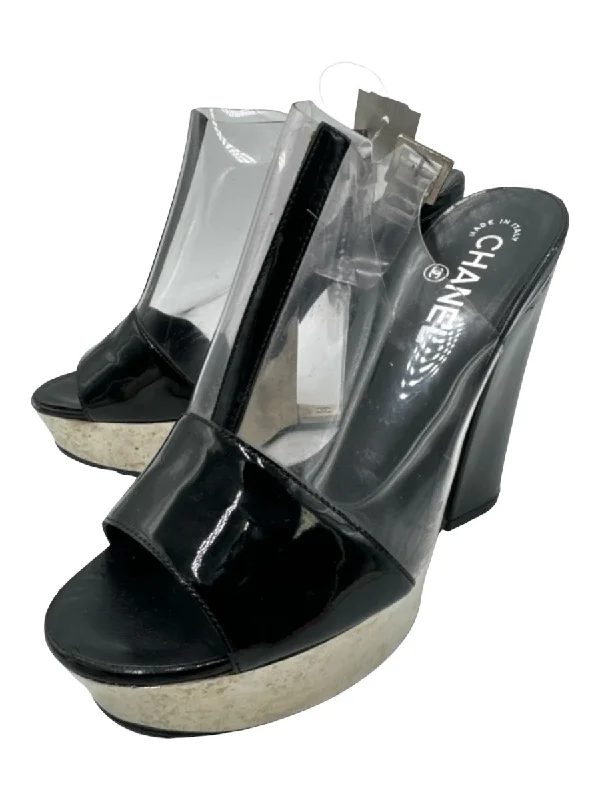 Chanel Shoe Size 37 Black & Clear Leather & Plastic Peep Toe Ankle Buckle Pumps