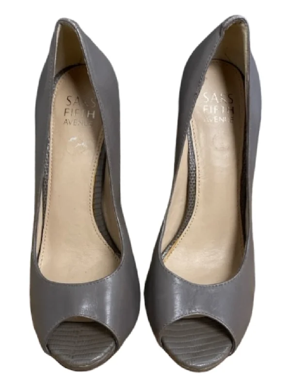 Saks Fifth Ave Shoe Size 6.5 Taupe Leather Peep Toe embossed Pump Heel Shoes