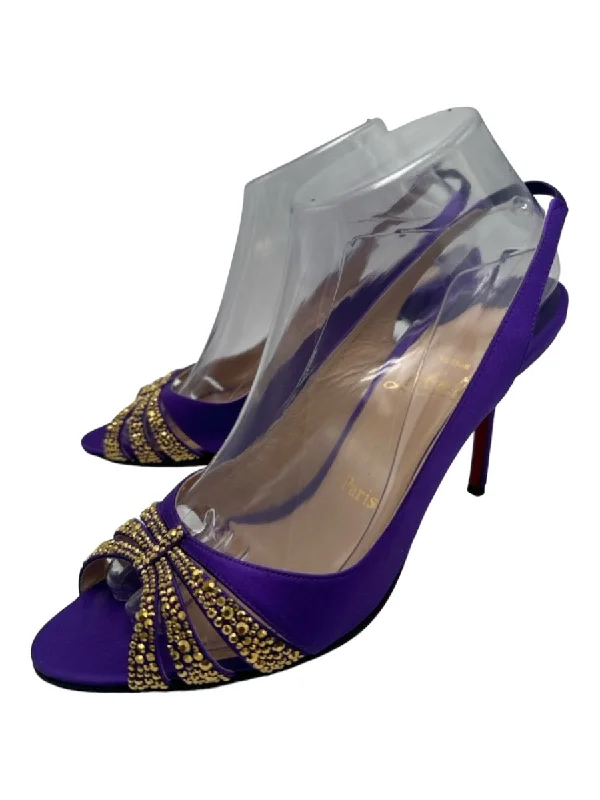 Christian Louboutin Purple & Gold Satin Embellished Slingback Midi Pumps