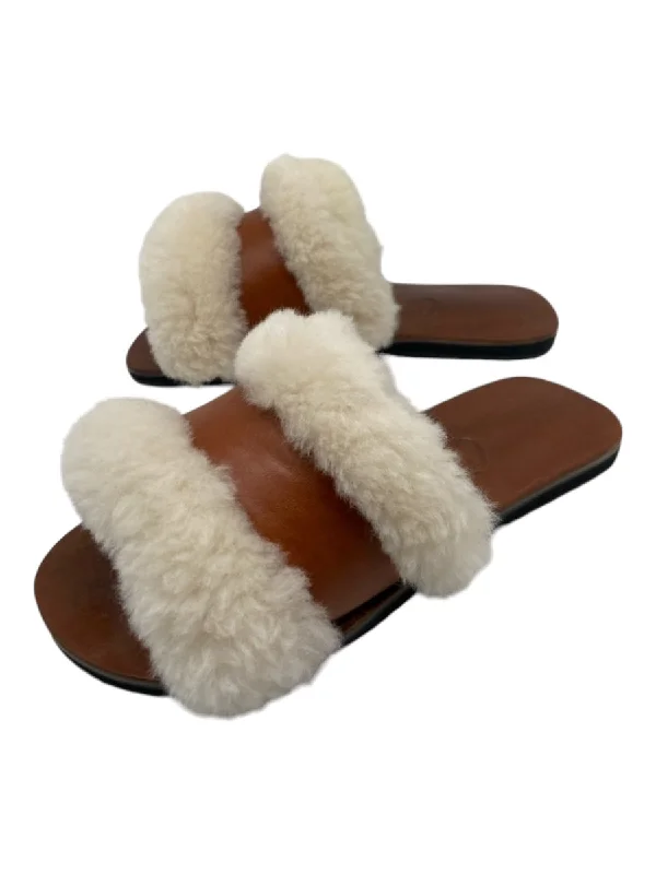 Californians Shoe Size 7 Brown & White Leather & Shearling open toe Sandals