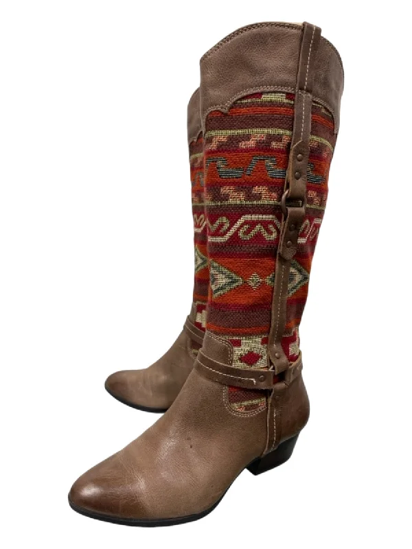 Sofft Shoe Size 8 Brown & Red Print Leather Embroidered Knee High Boots