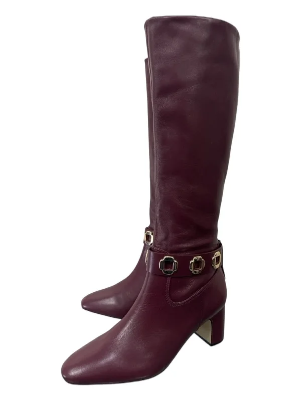 Larroude Shoe Size 8.5 Merlot Leather Gold hardware Almond Toe Buckle Boots