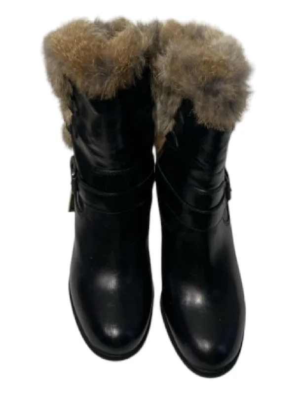 Frye Shoe Size 9 Black Leather Rabbit Fur Buckle Detail Almond Toe Boots