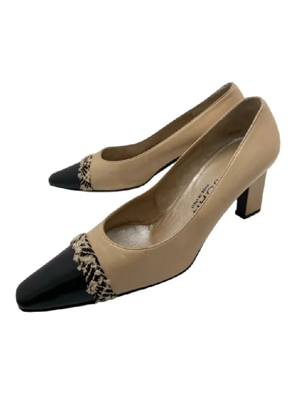 St John Shoe Size 6.5 Beige & Black Leather Pointed Toe Block Heel Pumps