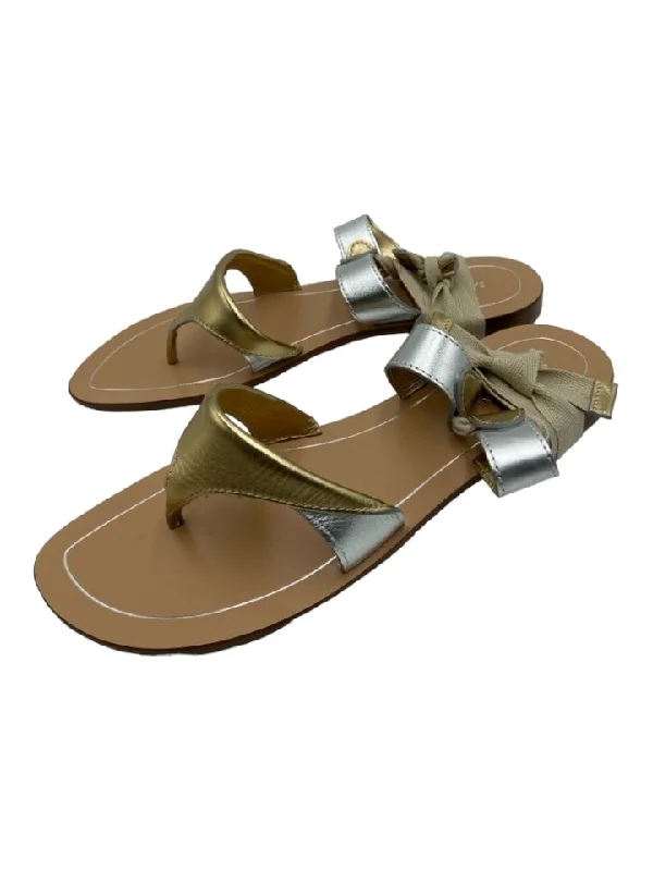 Sarah Flint Shoe Size 42 Beige Silver Gold Leather Flip Flop Wrap Ankle Sandals