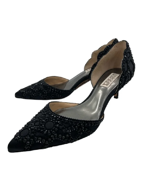 Badgley Mischka Shoe Size 9 Black Beaded Pointed Toe D'Orsay Kitten Heel Pumps