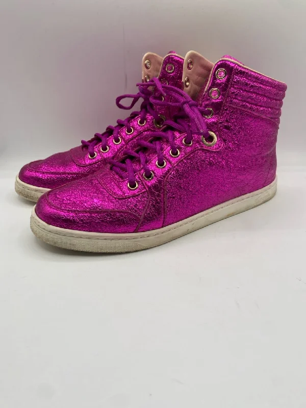 Gucci Shoe Size 38 Fushcia Leather Crackled High Top Laces Sneakers