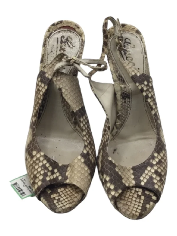 Gucci Shoe Size 7.5 Beige Leather Peep Toe Stiletto Snakeskin Slingback Sandals