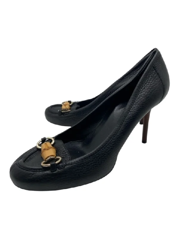 Gucci Shoe Size 40 Black Leather Bamboo Horsebit Heel Round Toe Pumps