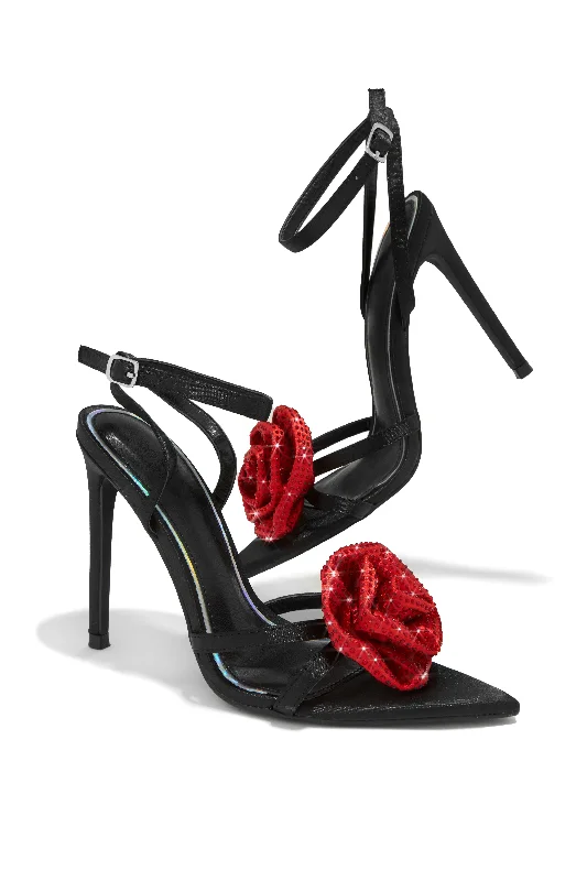 Rose Embellished Rose High Heels - Black Red