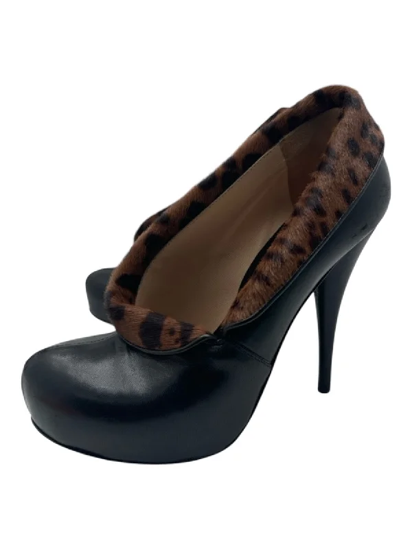 Fendi Shoe Size 37.5 Black & Brown Leather & Cow Fur Animal Print Pumps