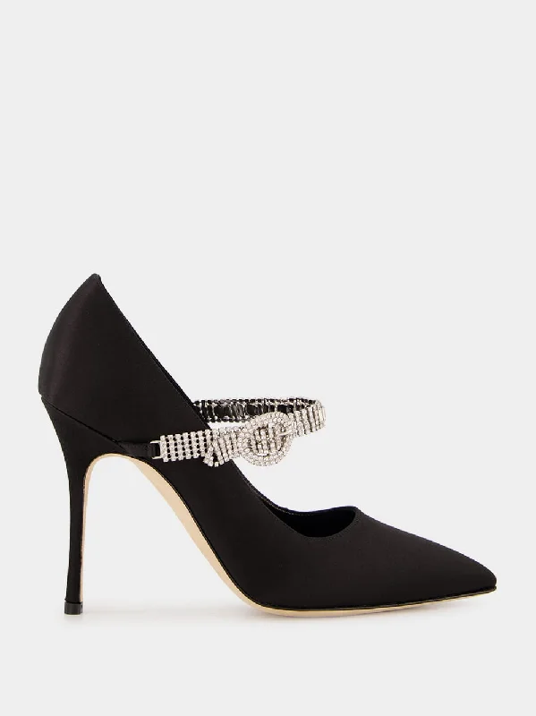 Black Satin Pumps with Crystal Strap Detail