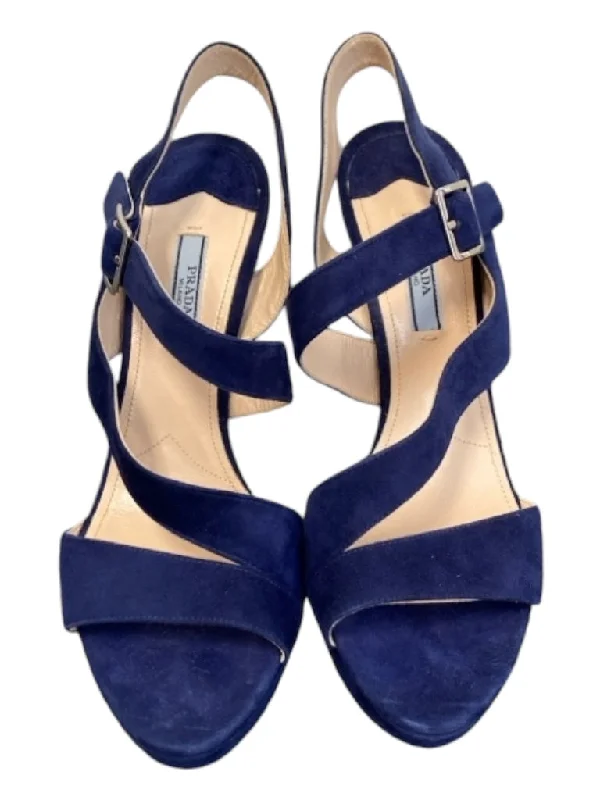 Prada Shoe Size 39.5 Blue Suede Platform Strappy Open Stiletto Shoes