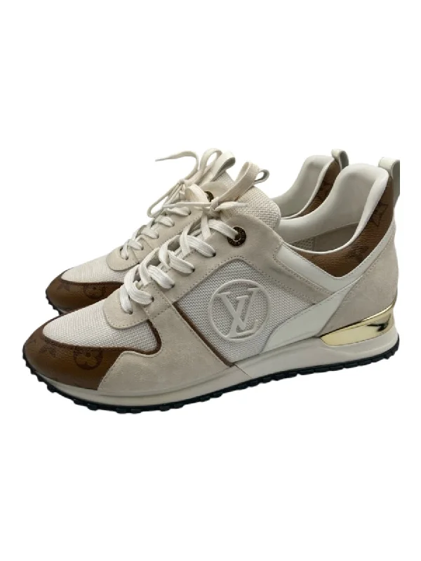 Louis Vuitton Shoe Size 42 White, Brown & Gold Synthetic Suede Monogram Sneakers