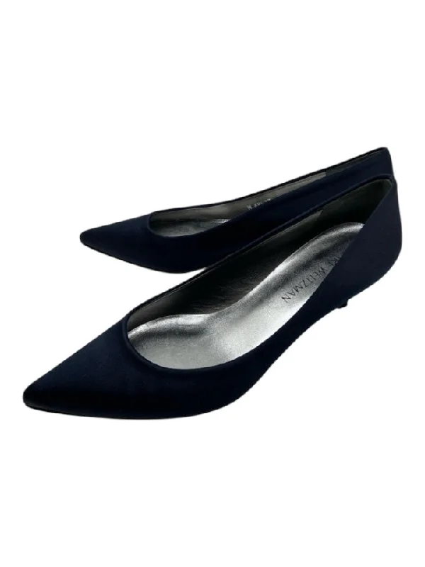 Stuart Weitzman Shoe Size 8 Navy Blue Satin Pointed Toe Kitten Heel Pumps