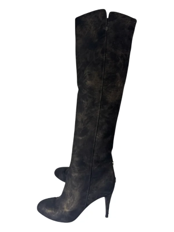 Chanel Shoe Size 40.5 Black & Gold Metallic Almond Toe Thigh High Boots