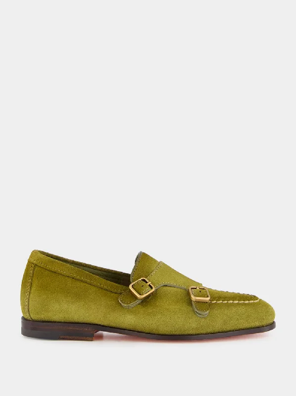 Olive Suede Monk Strap Loafers