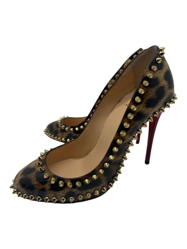 Christian Louboutin Shoe Size 37.5 Beige & Brown print Patent Leather Pumps