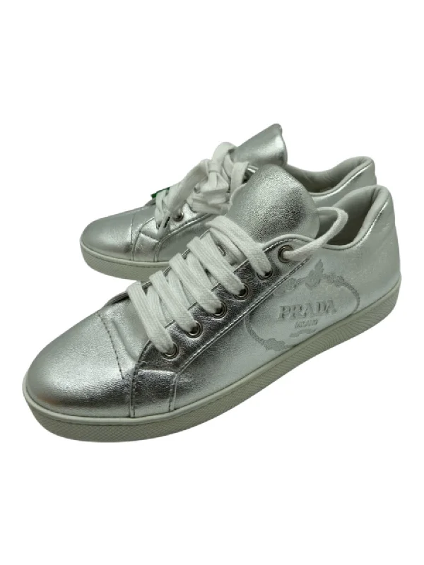 Prada Shoe Size 36.5 Silver Leather Embossed Logo lace up Low Top Sneakers