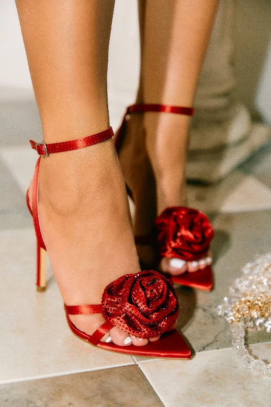 Rose Embellished Rose High Heels - Red