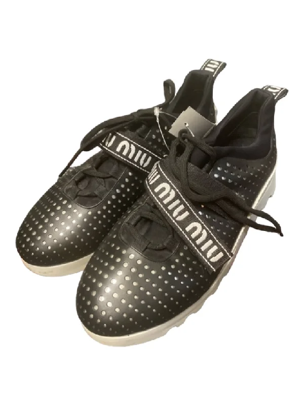 Miu Miu Shoe Size 40 Black & White Leather Perforated lace up Back Tab Sneakers