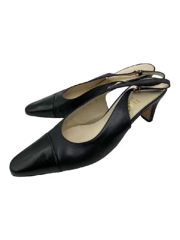 Salvatore Ferragamo Shoe Size 10 Black Leather Cap Toe Patent Accent Pumps