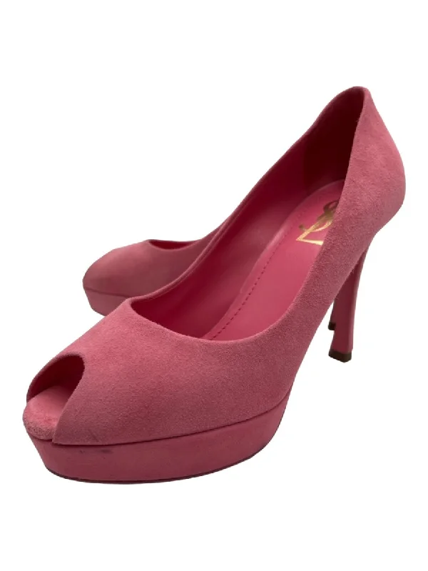 Yves Saint Laurent Shoe Size 36.5 Pink Suede Peep Toe Closed Heel Stiletto Pumps