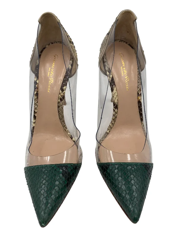 Gianvito Rossi Shoe Size 38.5 Beige & Green Python Pointed Toe PVC Pumps