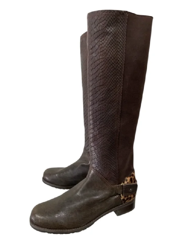 Stuart Weitzman Shoe Size 8.5 Brown Embossed Leather Elastic Stacked Boots