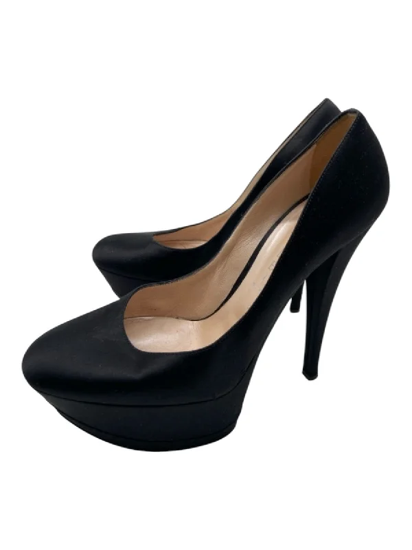 Casadei Shoe Size 10 Black Satin Almond Toe Platform Pumps