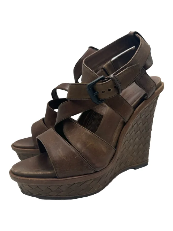 Bottega Veneta Shoe Size 40.5 Brown Leather Strappy Wedge Woven Sandals