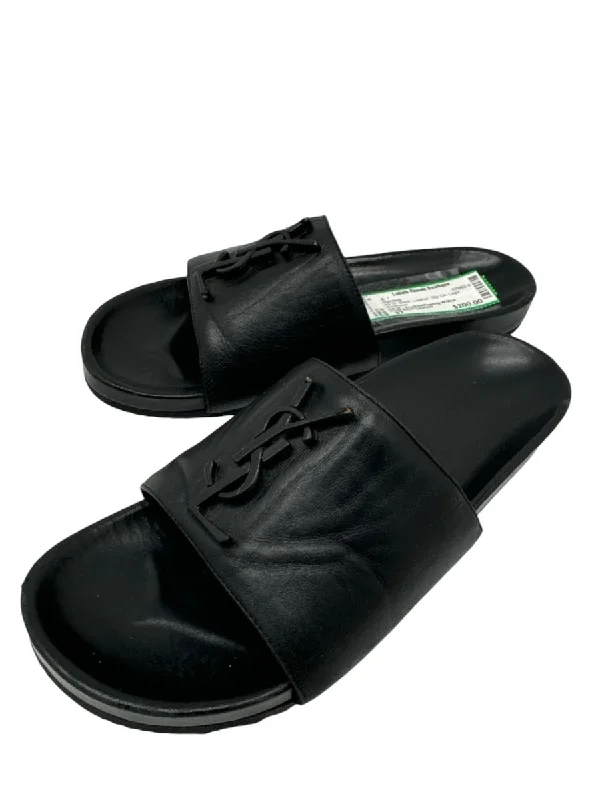 Saint Laurent Shoe Size 37 Black Leather Slides Logo Mule Sandals