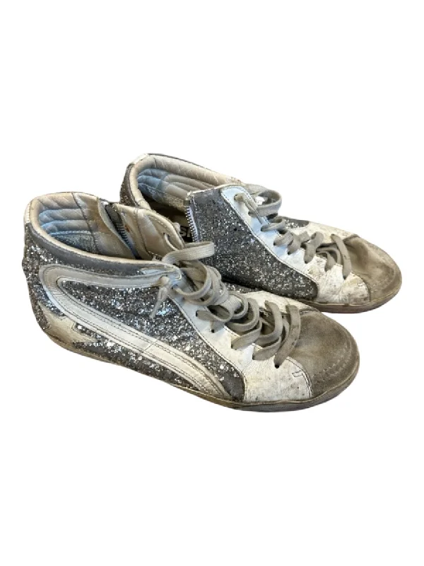 Golden Goose Shoe Size 39 White & Silver Glitter High Top Athletic Sneakers