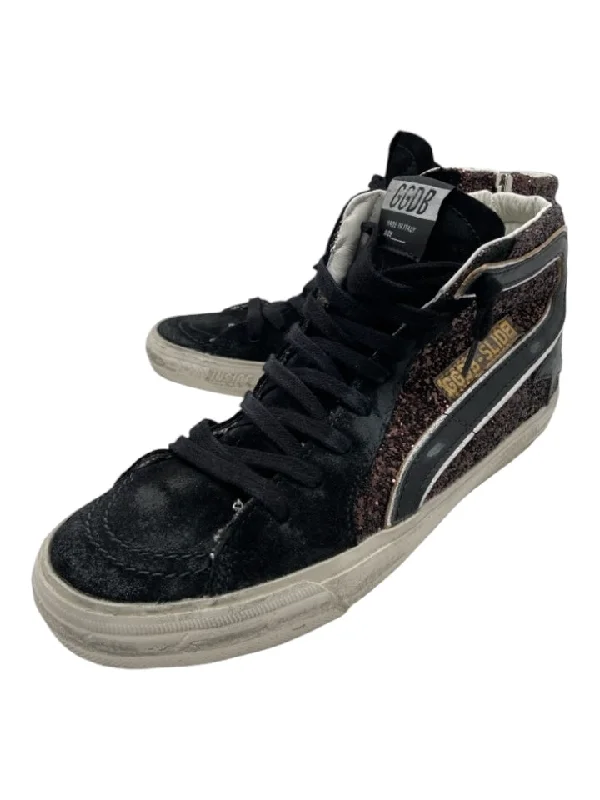 Golden Goose Shoe Size 38 Bronze & Black Glitter & Suede High Top Laces Sneakers