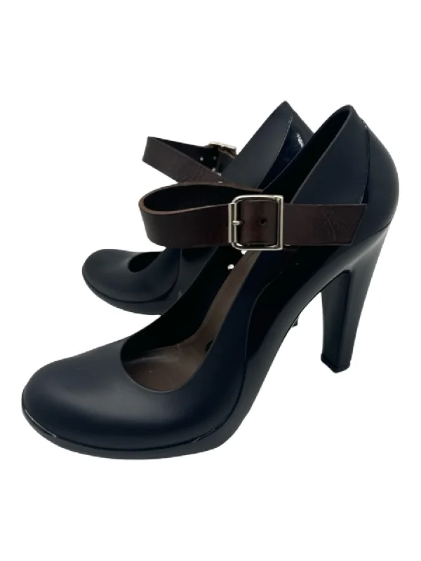 Marni Shoe Size 40 Navy Blue & Brown Rubber round toe Ankle Strap Pumps