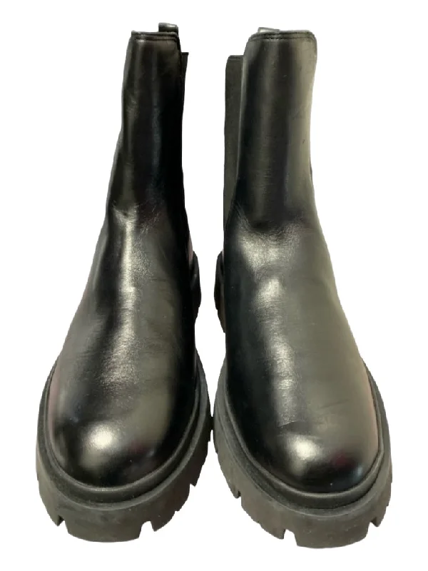 Schutz Shoe Size 9.5 Black Leather round toe Stretch Panels Lugsole Boots