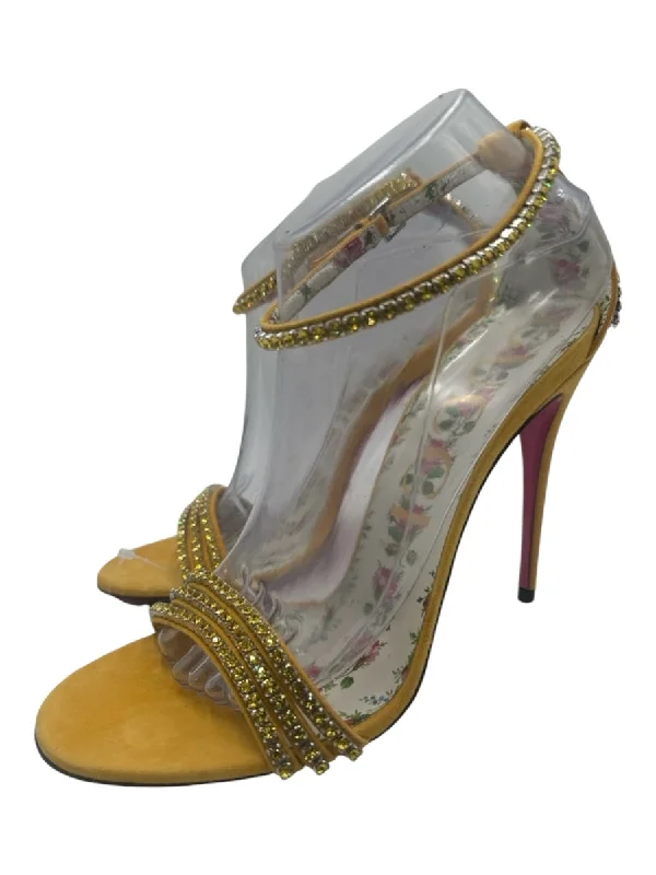 Gucci Shoe Size 41 Yellow Leather Stiletto Suede Embellished Strappy Sandals