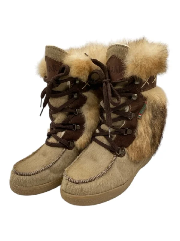 Pajar Shoe Size 38 Brown & Beige Cowhide Ponyhair Almond Toe Laces Fox Fur Boots