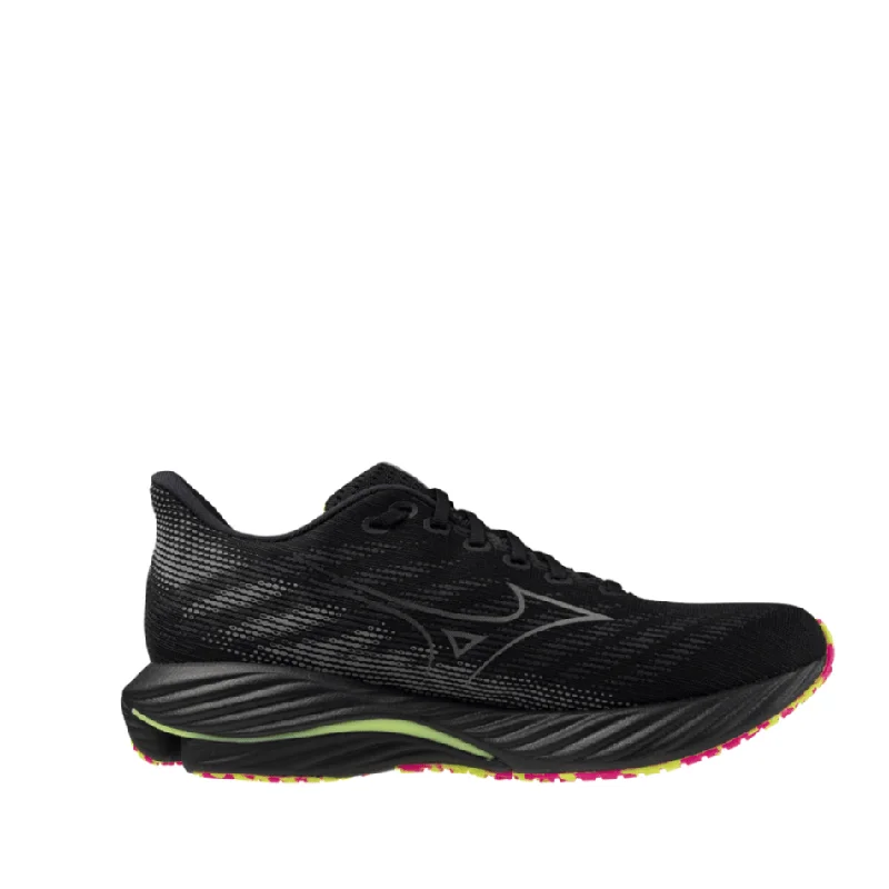 Mizuno Unisex Wave Rider 28 in Black/Silver/Sunny Lime