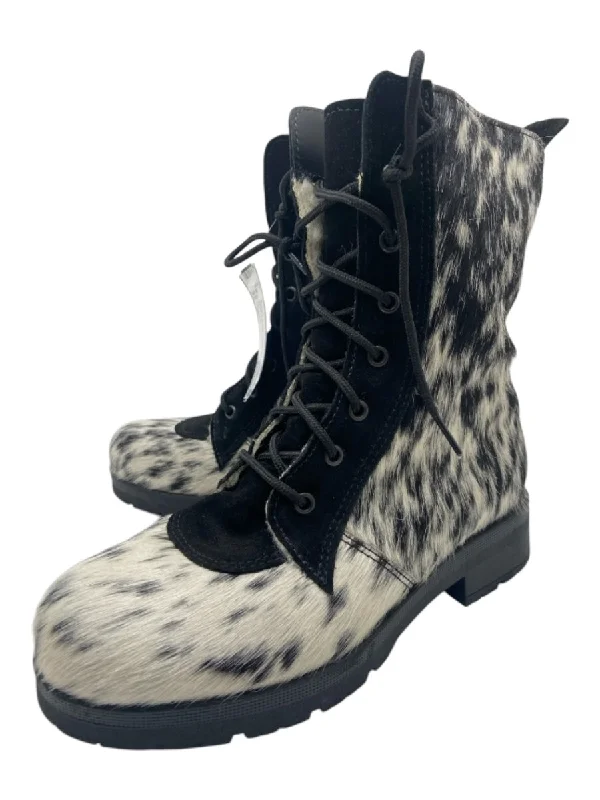 Overland Shoe Size 38 White & Black Cowhide Ponyhair Animal Print Laces Boots