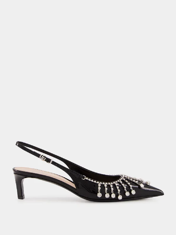 Black Patent Leather Pumps with Crystal Chain