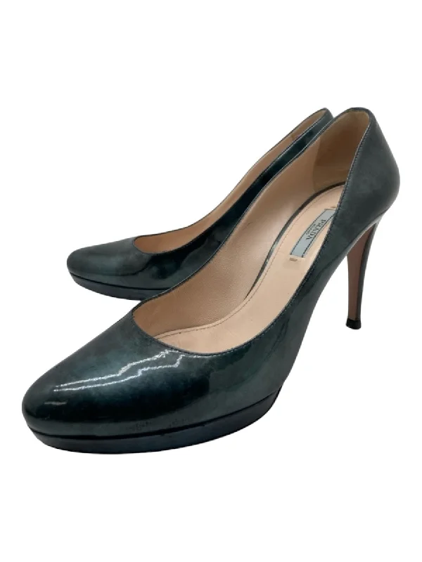 Prada Shoe Size 40.5 Green blue Patent Leather Almond Toe Stiletto Pumps