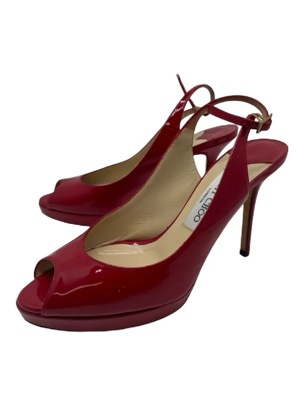 Jimmy Choo Shoe Size 37.5 Red Patent Leather Peep Toe Slingback Stiletto Pumps